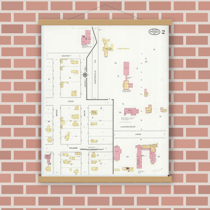 Old map wall art mockup — magnetic wood frame on brick wall — Sanborn Fire Insurance Map from Howe, LaGrange County, Indiana (1917), Sheet #0002