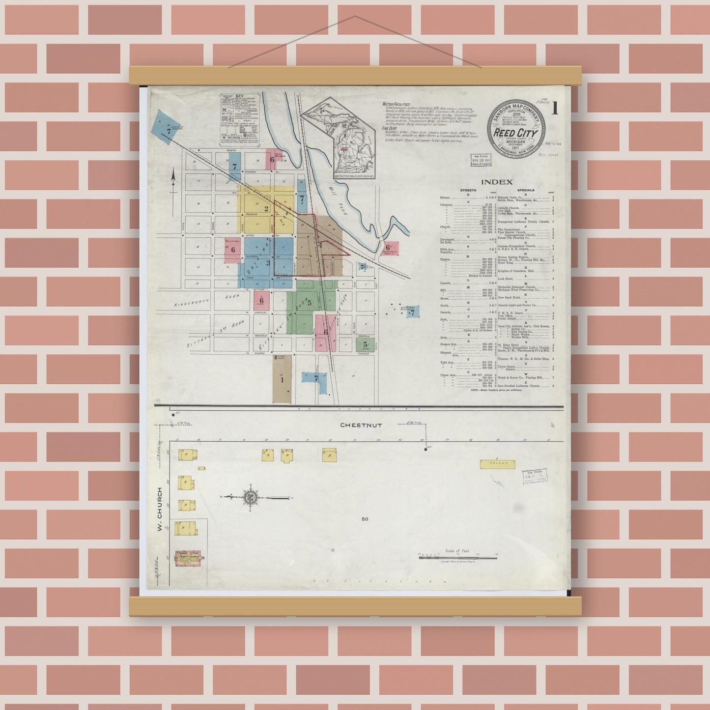 Old map wall art mockup — magnetic wood frame on brick wall — Sanborn Fire Insurance Map from Reed City, Osceola County, Michigan (1917) - Complete Map Set