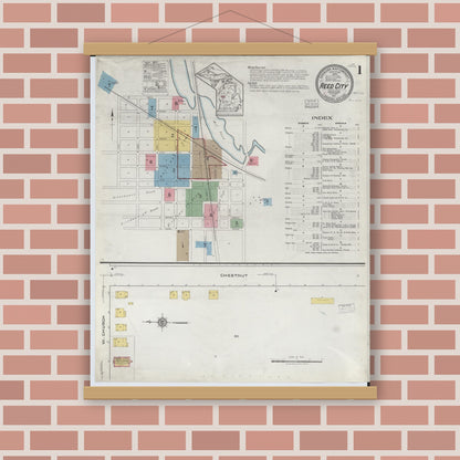 Old map wall art mockup — magnetic wood frame on brick wall — Sanborn Fire Insurance Map from Reed City, Osceola County, Michigan (1917) - Complete Map Set