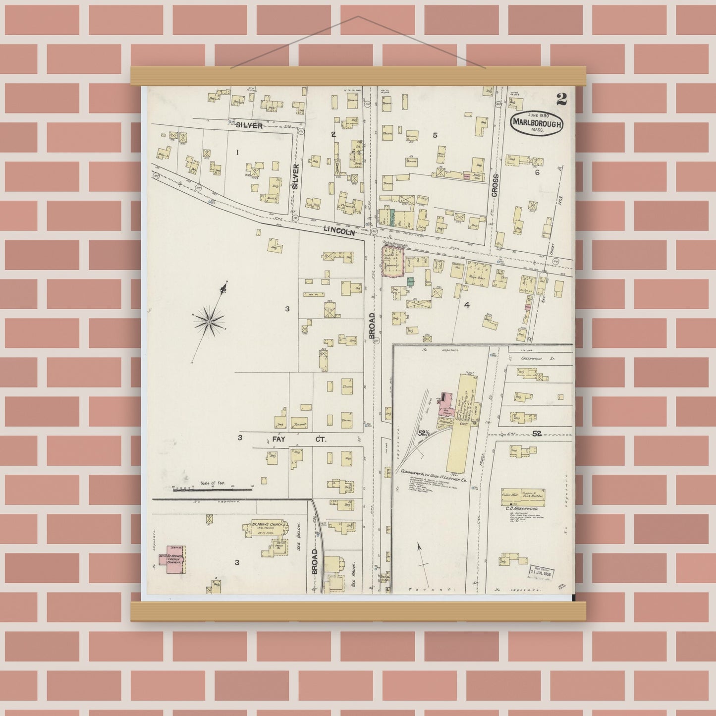 Old map wall art mockup — magnetic wood frame on brick wall — Sanborn Fire Insurance Map from Marlborough, Middlesex County, Massachusetts (1890), Sheet #0002