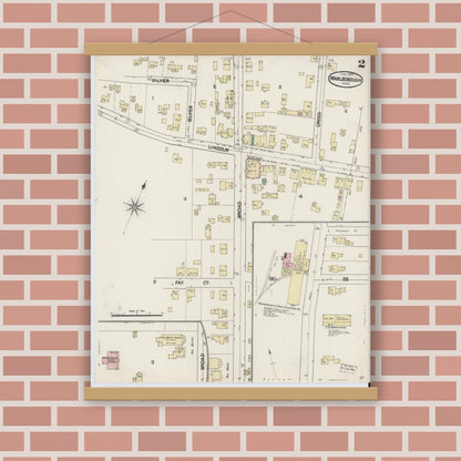 Old map wall art mockup — magnetic wood frame on brick wall — Sanborn Fire Insurance Map from Marlborough, Middlesex County, Massachusetts (1890), Sheet #0002