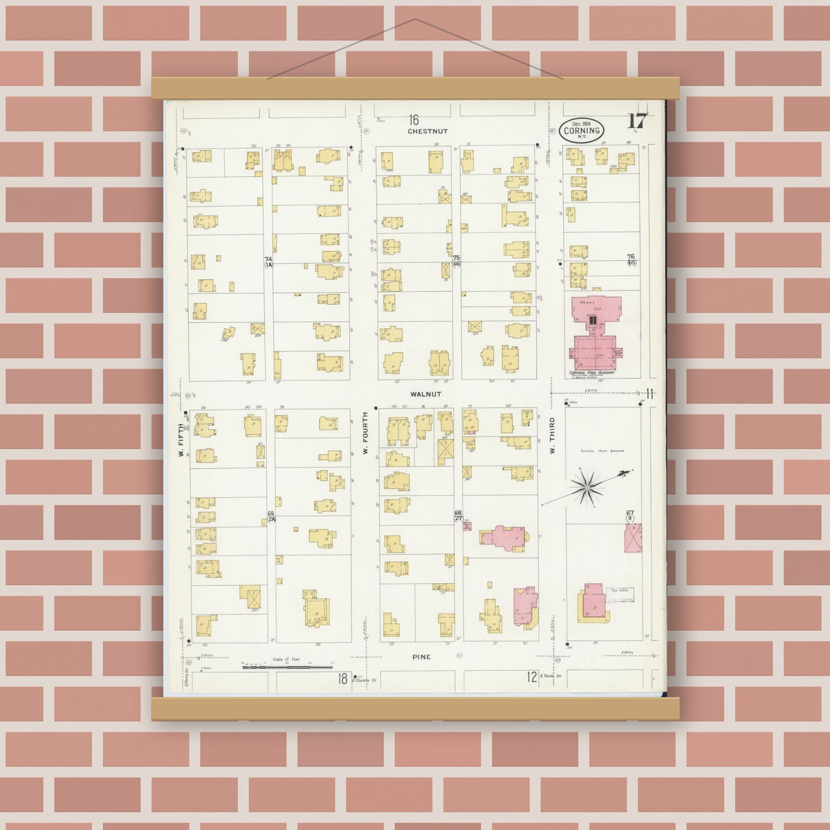 Old map wall art mockup — magnetic wood frame on brick wall — Sanborn Fire Insurance Map from Corning, Steuben County, New York (1908), Sheet #0017