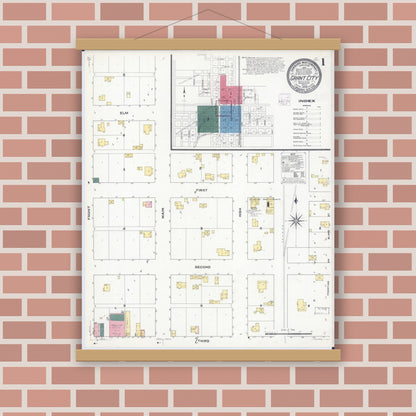 Old map wall art mockup — magnetic wood frame on brick wall — Sanborn Fire Insurance Map from Grant City, Worth County, Missouri (1909) - Complete Map Set