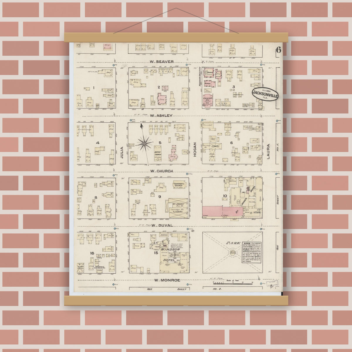 Old map wall art mockup — magnetic wood frame on brick wall — Sanborn Fire Insurance Map from Jacksonville, Duval County, Florida (1884), Sheet #0006