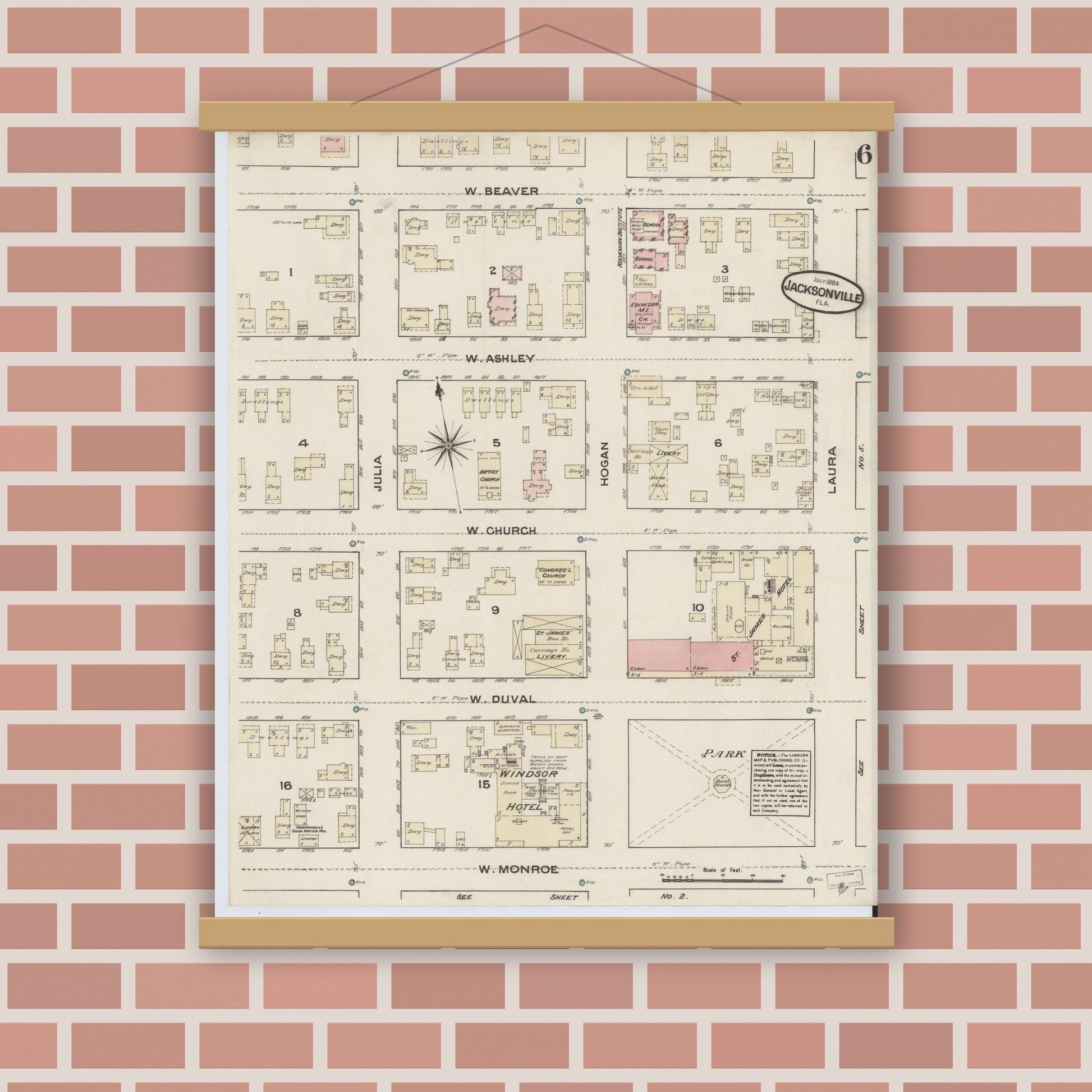 Old map wall art mockup — magnetic wood frame on brick wall — Sanborn Fire Insurance Map from Jacksonville, Duval County, Florida (1884), Sheet #0006