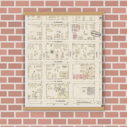 Old map wall art mockup — magnetic wood frame on brick wall — Sanborn Fire Insurance Map from Jacksonville, Duval County, Florida (1884), Sheet #0006