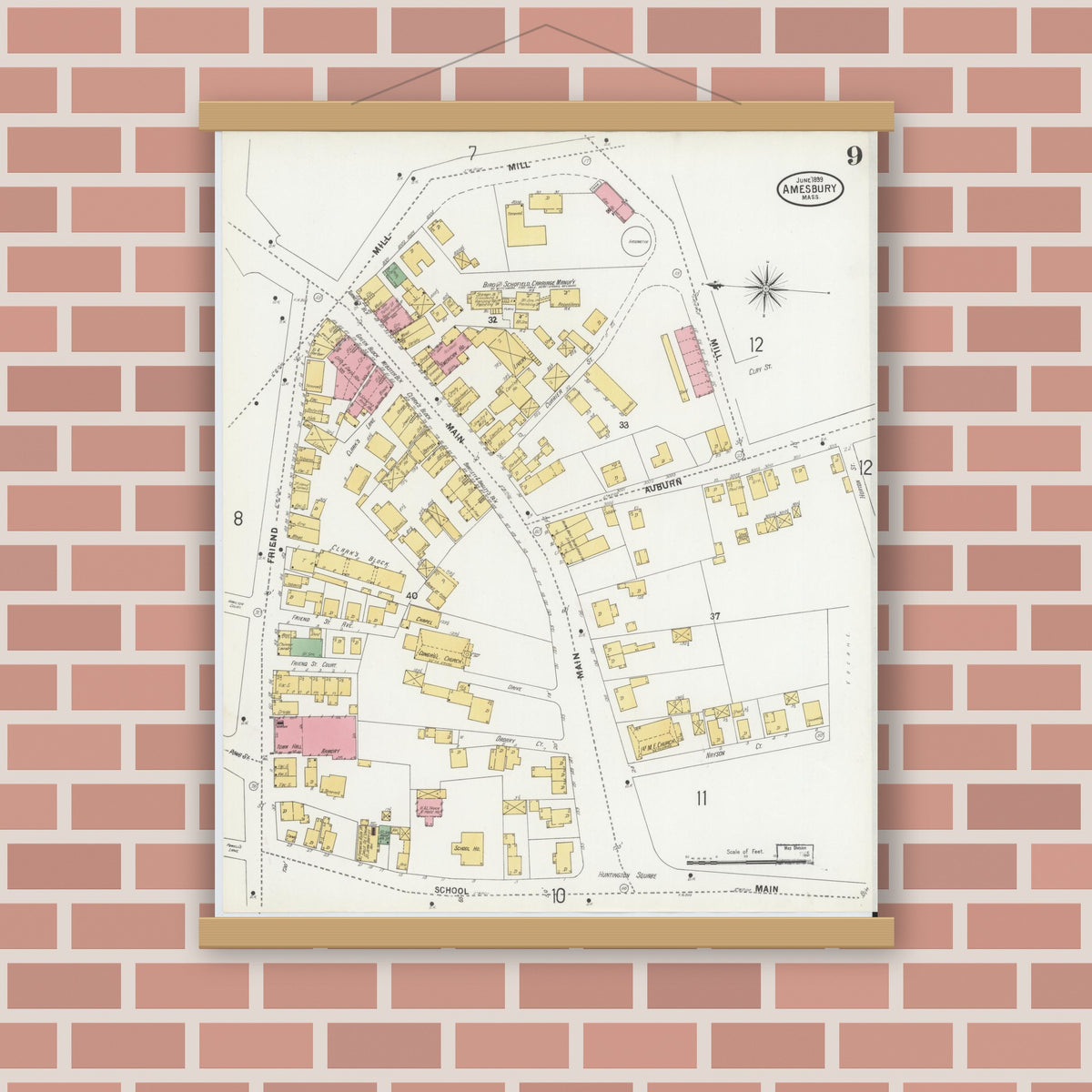 Old map wall art mockup — magnetic wood frame on brick wall — Sanborn Fire Insurance Map from Amesbury, Essex County, Massachusetts (1899), Sheet #0009