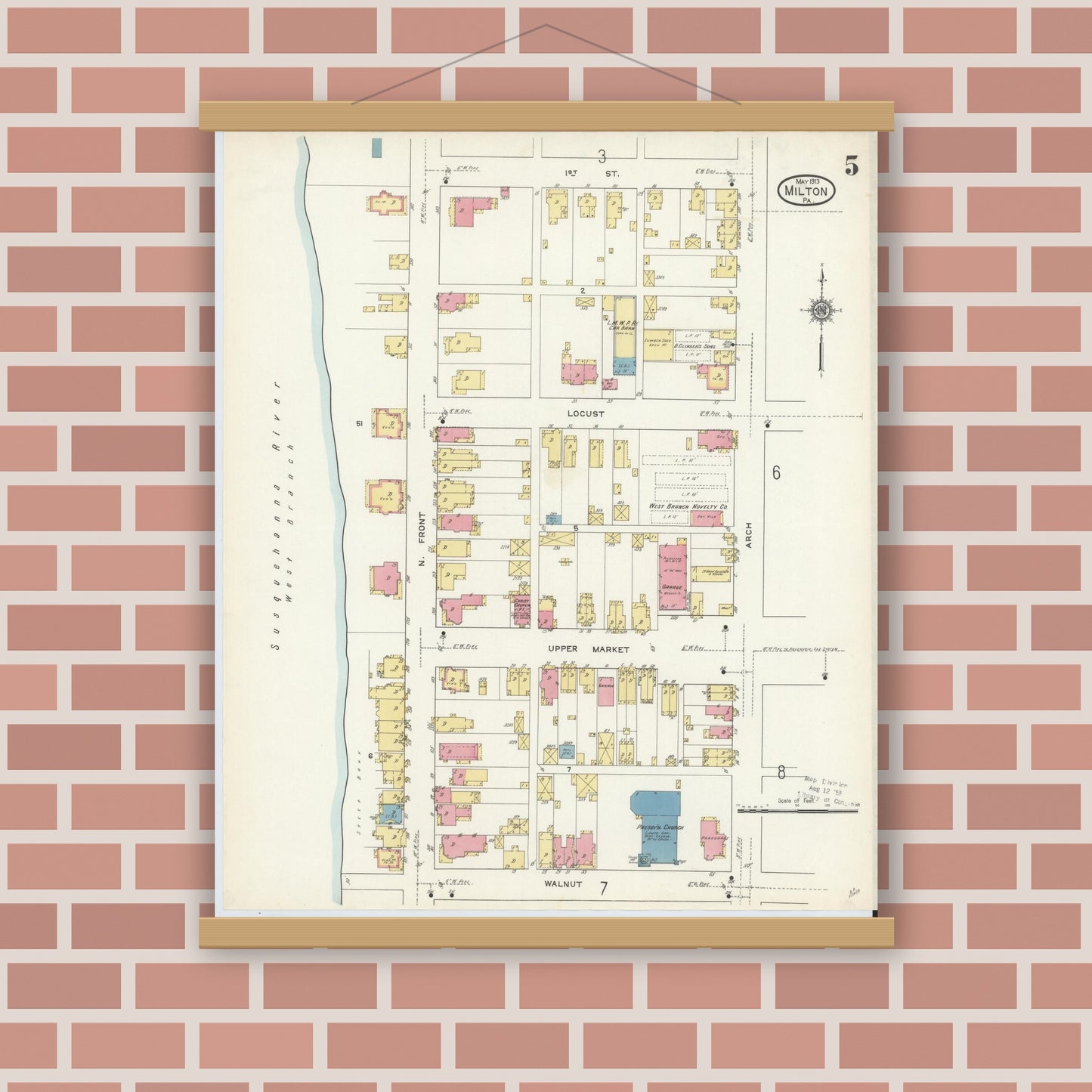 Old map wall art mockup — magnetic wood frame on brick wall — Sanborn Fire Insurance Map from Milton, Northumberland County, Pennsylvania (1913), Sheet #0005