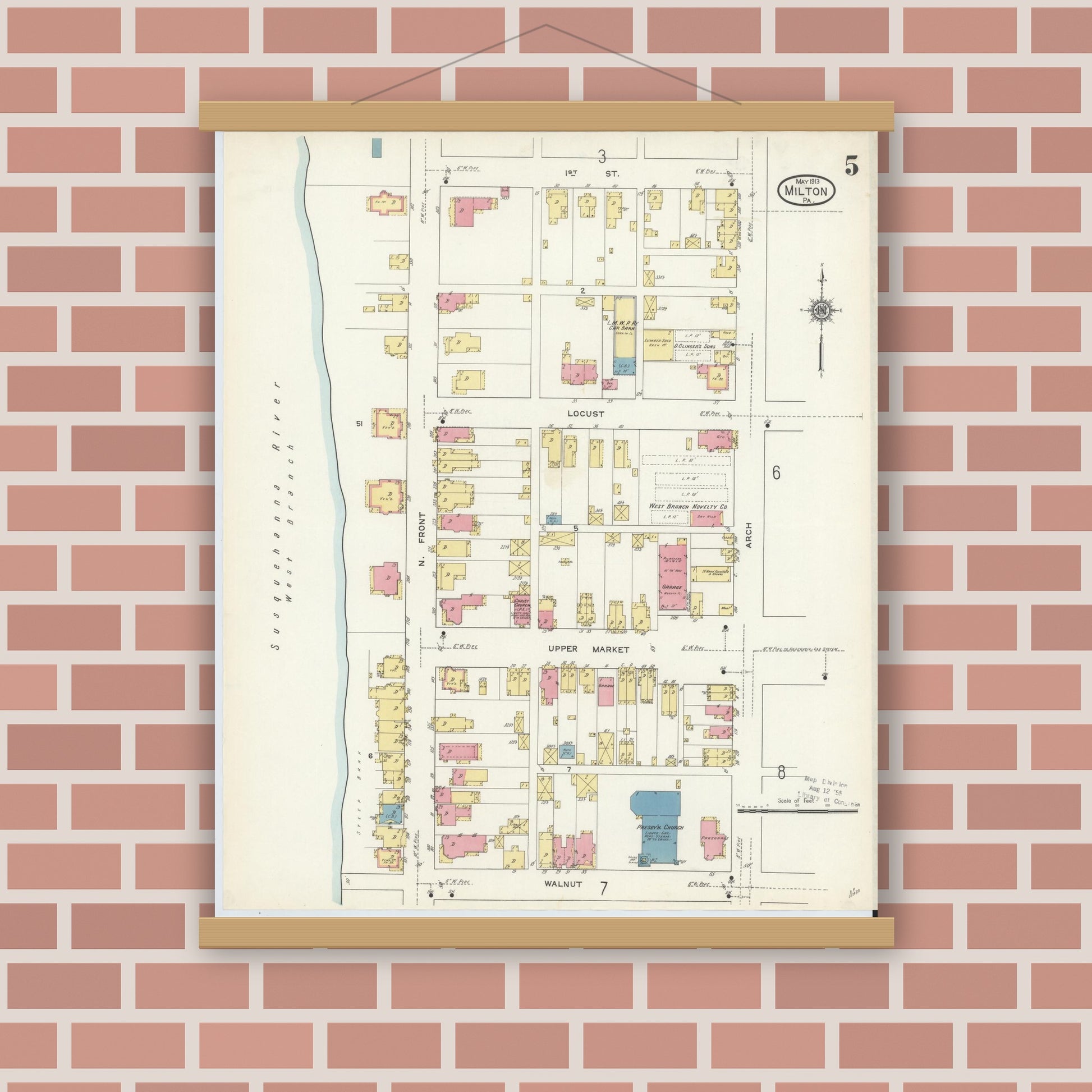 Old map wall art mockup — magnetic wood frame on brick wall — Sanborn Fire Insurance Map from Milton, Northumberland County, Pennsylvania (1913), Sheet #0005