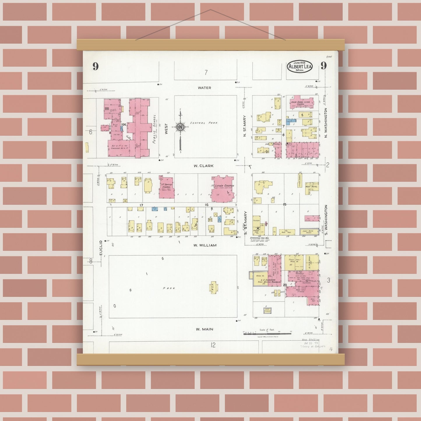 Old map wall art mockup — magnetic wood frame on brick wall — Sanborn Fire Insurance Map from Albert Lea, Freeborn County, Minnesota (1926), Sheet #0009