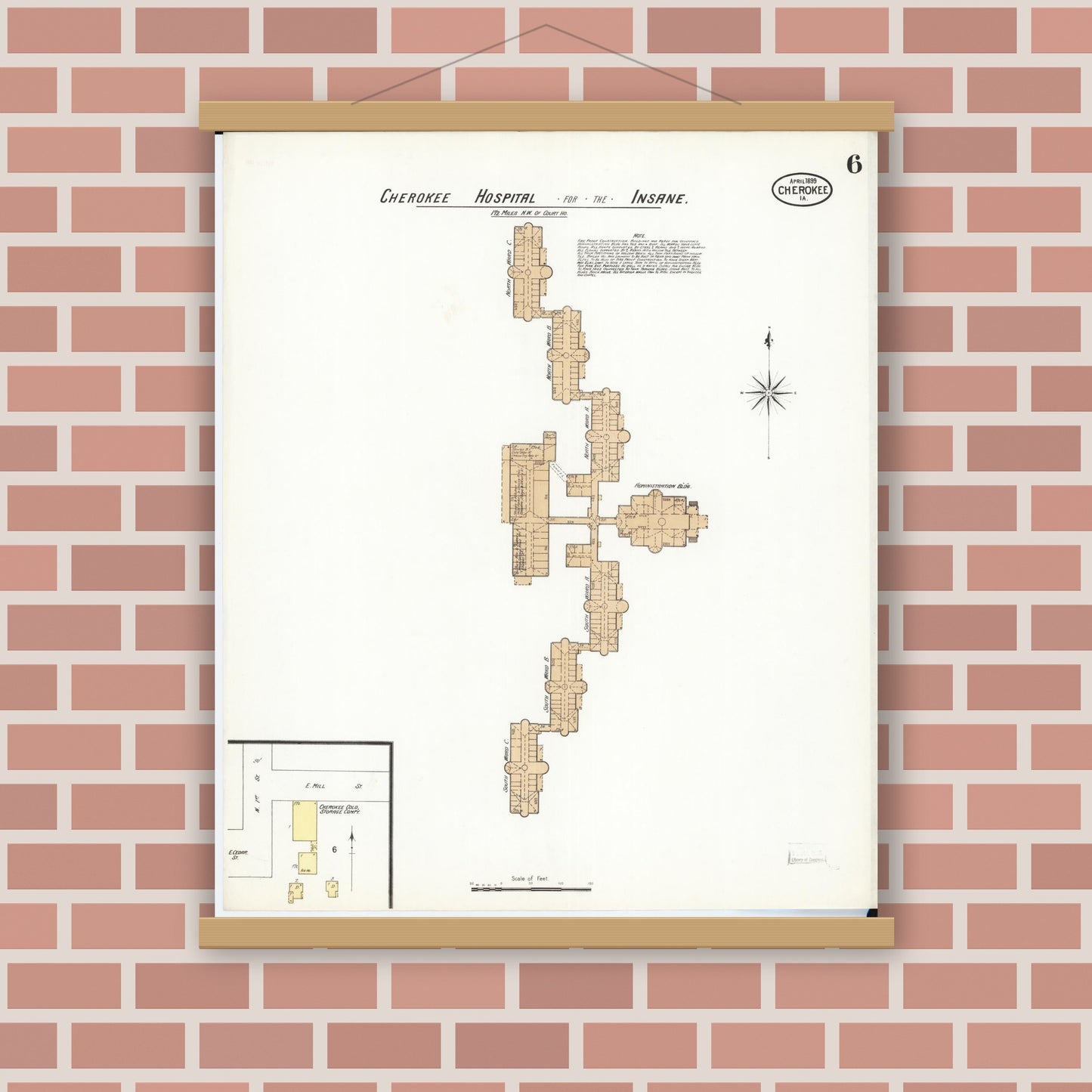 Old map wall art mockup — magnetic wood frame on brick wall — Sanborn Fire Insurance Map from Cherokee, Cherokee County, Iowa (1899), Sheet #0006