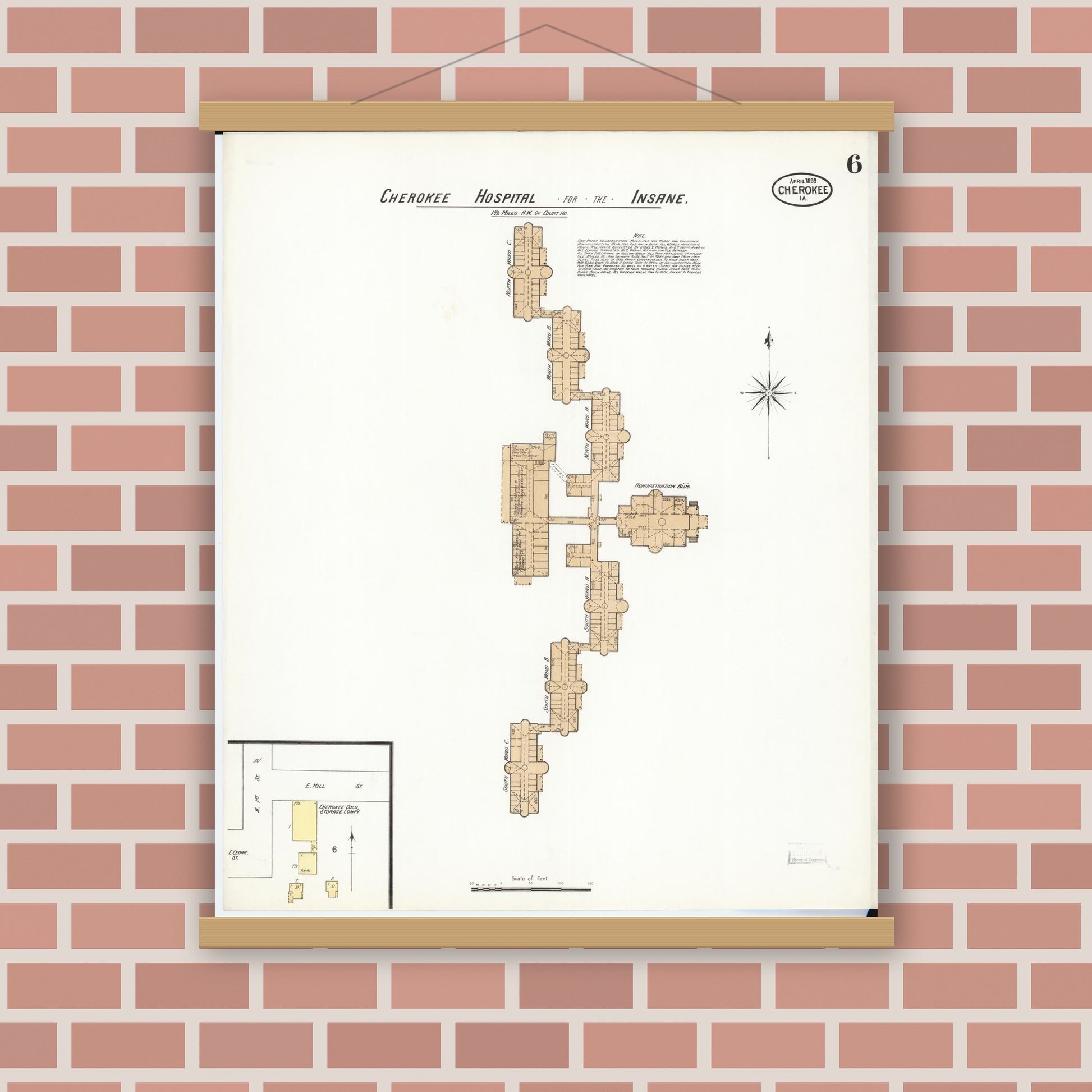 Old map wall art mockup — magnetic wood frame on brick wall — Sanborn Fire Insurance Map from Cherokee, Cherokee County, Iowa (1899), Sheet #0006