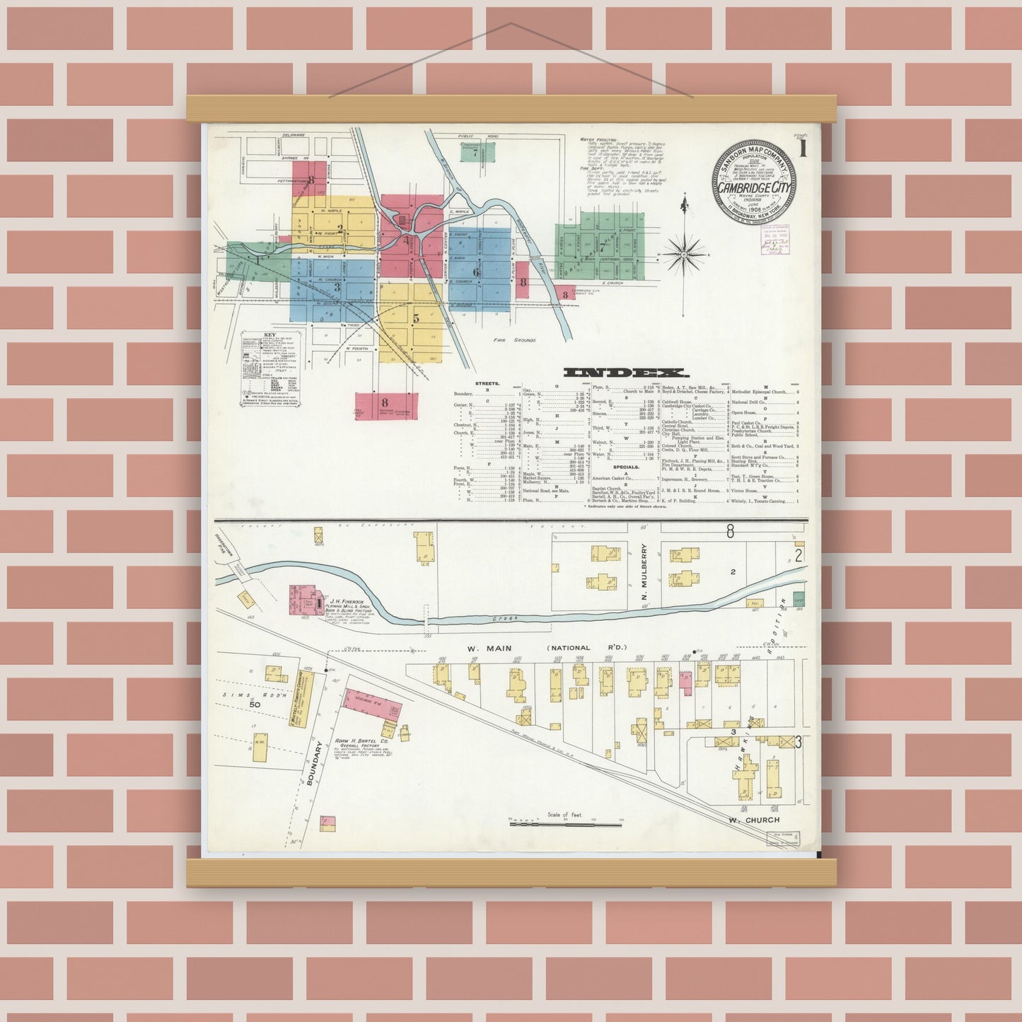 Old map wall art mockup — magnetic wood frame on brick wall — Sanborn Fire Insurance Map from Cambridge City, Wayne County, Indiana (1908), Sheet #0001