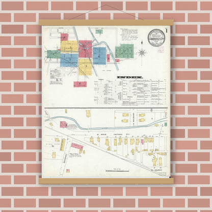 Old map wall art mockup — magnetic wood frame on brick wall — Sanborn Fire Insurance Map from Cambridge City, Wayne County, Indiana (1908), Sheet #0001