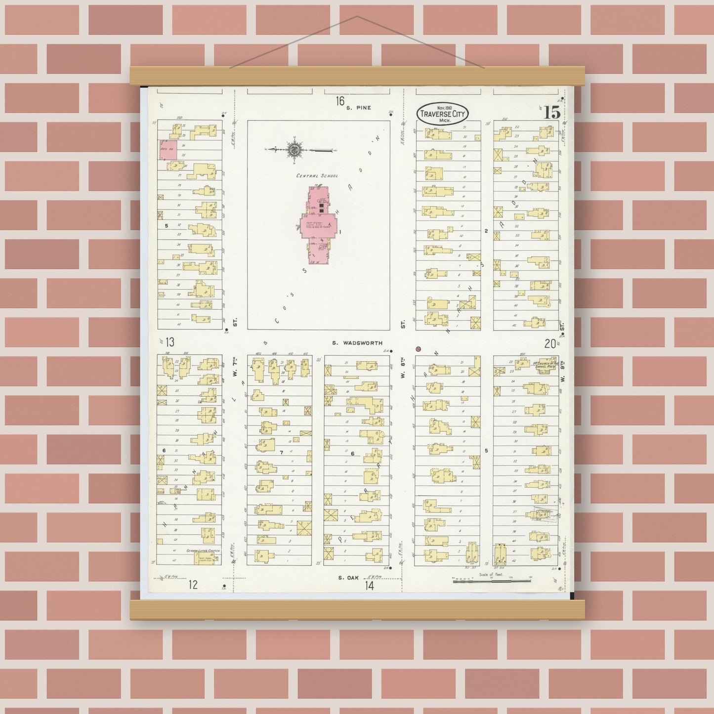 Old map wall art mockup — magnetic wood frame on brick wall — Sanborn Fire Insurance Map from Traverse City, Grand Traverse County, Michigan (1910), Sheet #0015