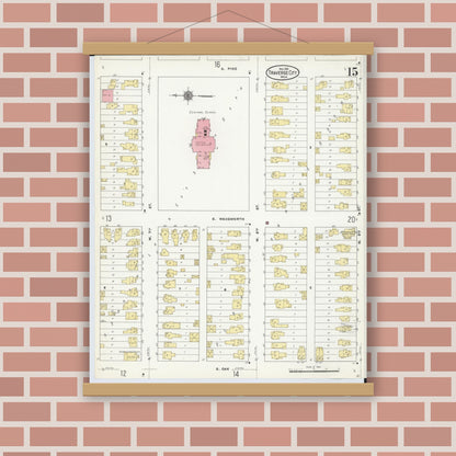 Old map wall art mockup — magnetic wood frame on brick wall — Sanborn Fire Insurance Map from Traverse City, Grand Traverse County, Michigan (1910), Sheet #0015