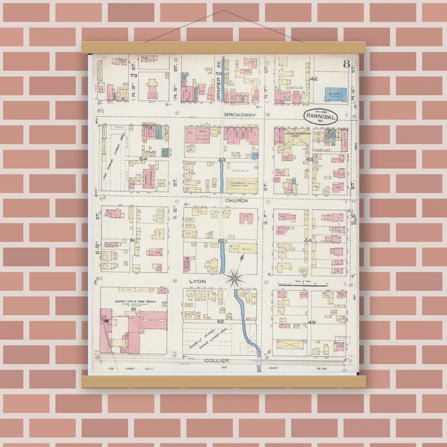 Old map wall art mockup — magnetic wood frame on brick wall — Sanborn Fire Insurance Map from Hannibal, Marion County, Missouri (1885), Sheet #0008