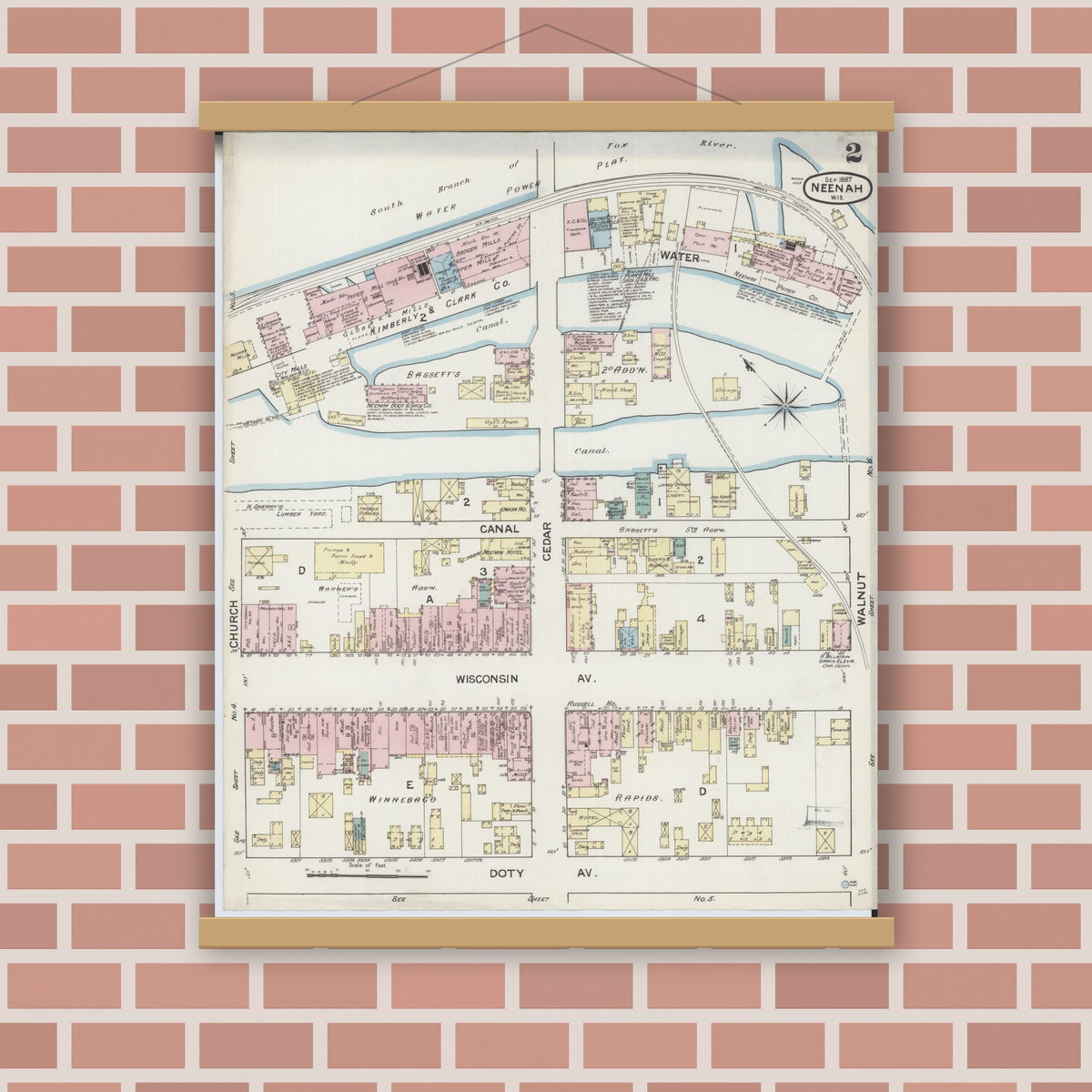 Old map wall art mockup — magnetic wood frame on brick wall — Sanborn Fire Insurance Map from Neenah, Winnebago County, Wisconsin (1887), Sheet #0002