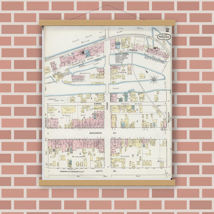 Old map wall art mockup — magnetic wood frame on brick wall — Sanborn Fire Insurance Map from Neenah, Winnebago County, Wisconsin (1887), Sheet #0002