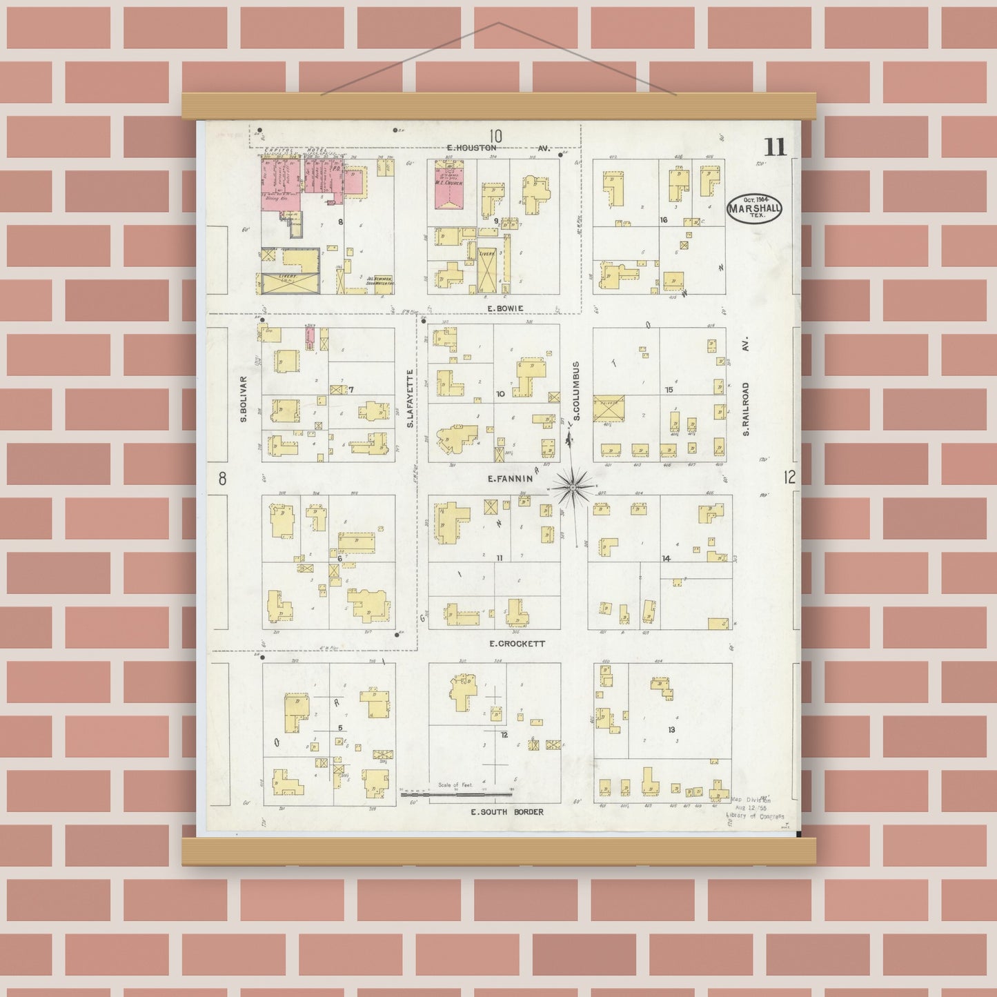 Old map wall art mockup — magnetic wood frame on brick wall — Sanborn Fire Insurance Map from Marshall, Harrison County, Texas (1904), Sheet #0011