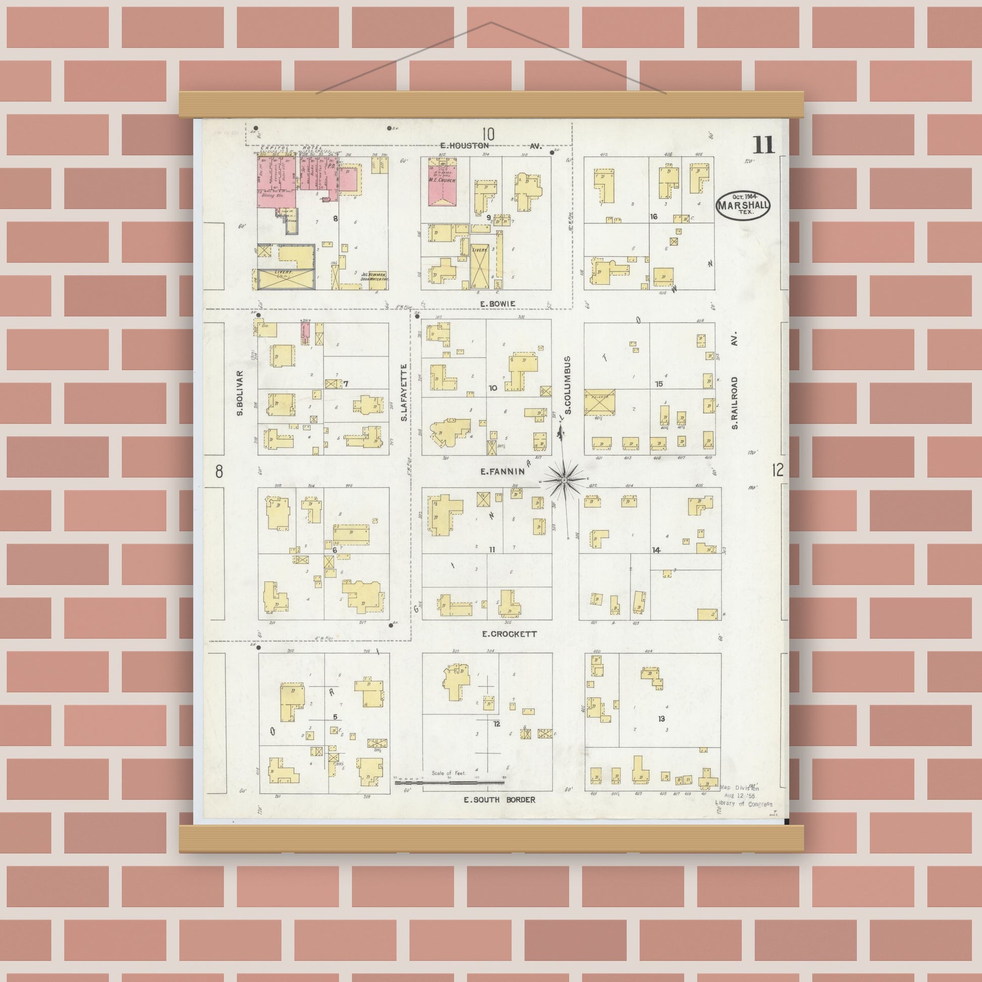 Old map wall art mockup — magnetic wood frame on brick wall — Sanborn Fire Insurance Map from Marshall, Harrison County, Texas (1904), Sheet #0011