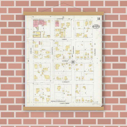 Old map wall art mockup — magnetic wood frame on brick wall — Sanborn Fire Insurance Map from Marshall, Harrison County, Texas (1904), Sheet #0011