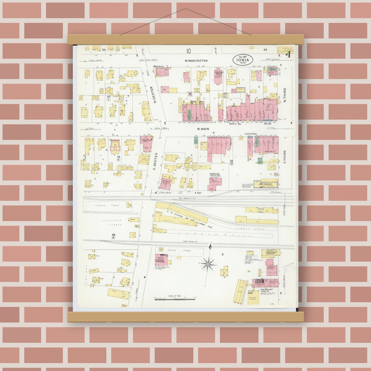 Old map wall art mockup — magnetic wood frame on brick wall — Sanborn Fire Insurance Map from Ionia, Ionia County, Michigan (1907), Sheet #0004