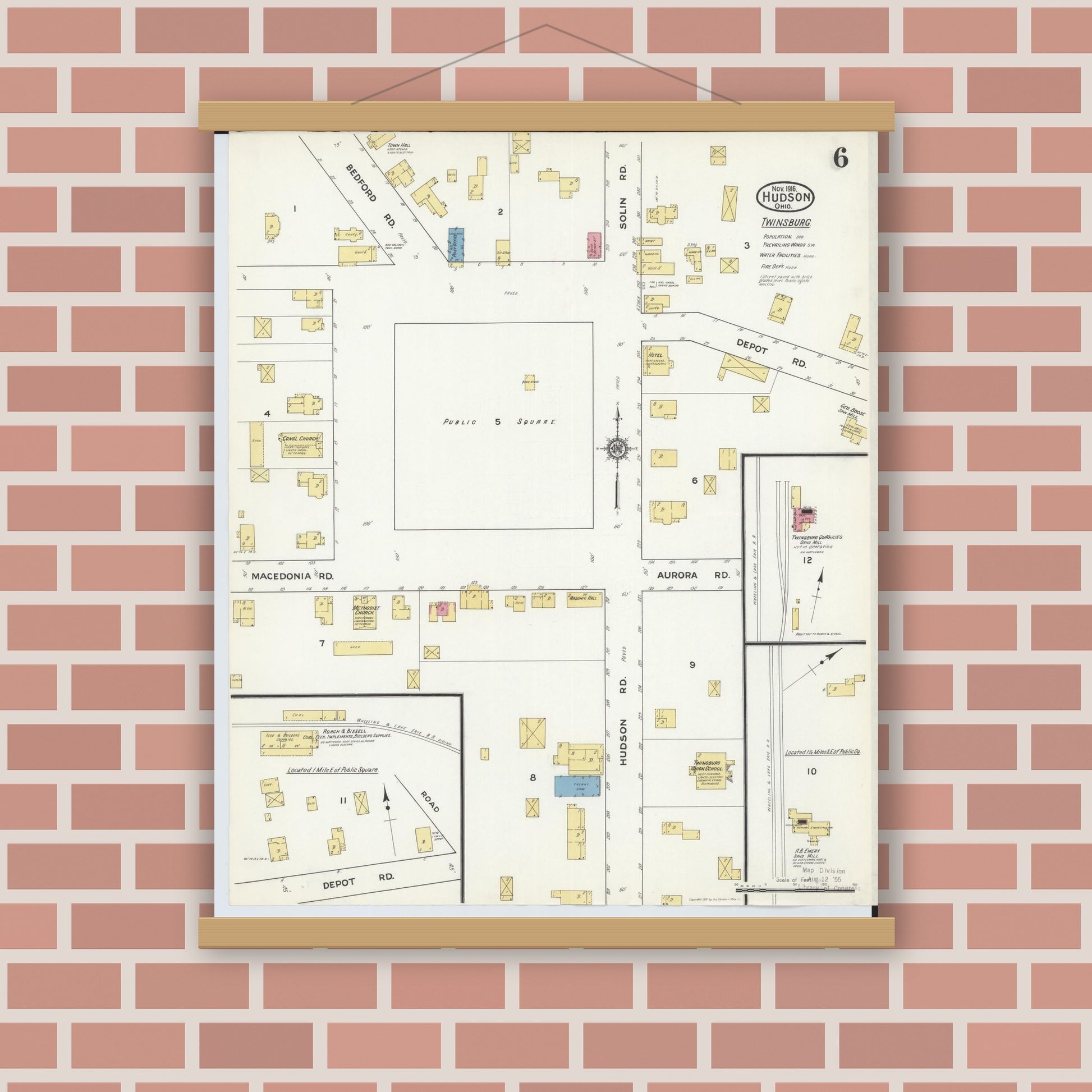 Old map wall art mockup — magnetic wood frame on brick wall — Sanborn Fire Insurance Map from Hudson, Summit County, Ohio (1916), Sheet #0006