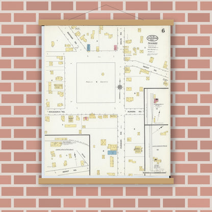 Old map wall art mockup — magnetic wood frame on brick wall — Sanborn Fire Insurance Map from Hudson, Summit County, Ohio (1916), Sheet #0006