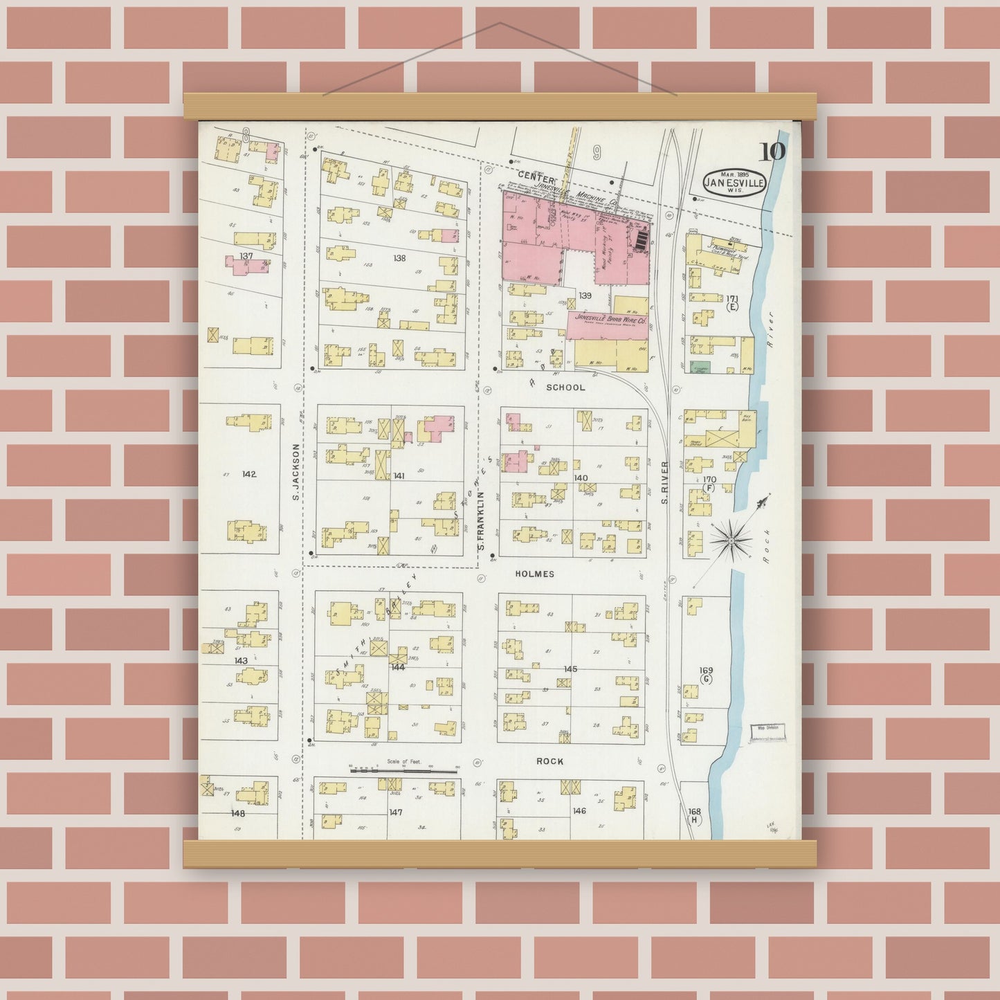Old map wall art mockup — magnetic wood frame on brick wall — Sanborn Fire Insurance Map from Janesville, Rock County, Wisconsin (1895), Sheet #0010