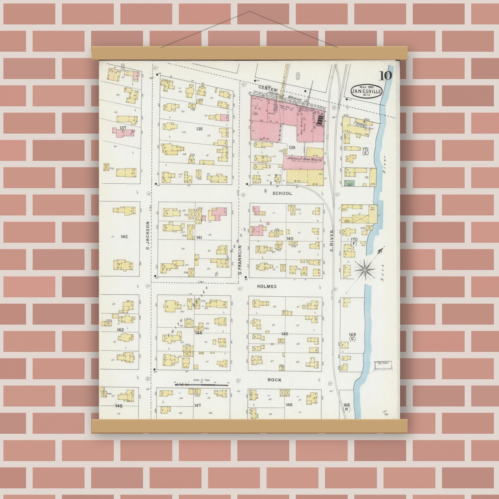 Old map wall art mockup — magnetic wood frame on brick wall — Sanborn Fire Insurance Map from Janesville, Rock County, Wisconsin (1895), Sheet #0010