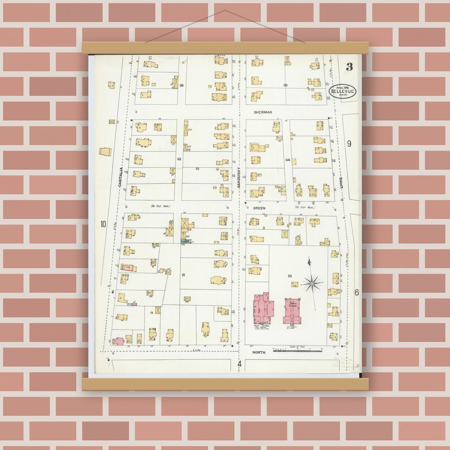 Old map wall art mockup — magnetic wood frame on brick wall — Sanborn Fire Insurance Map from Bellevue, Huron And Sandusky County, Ohio (1906), Sheet #0003