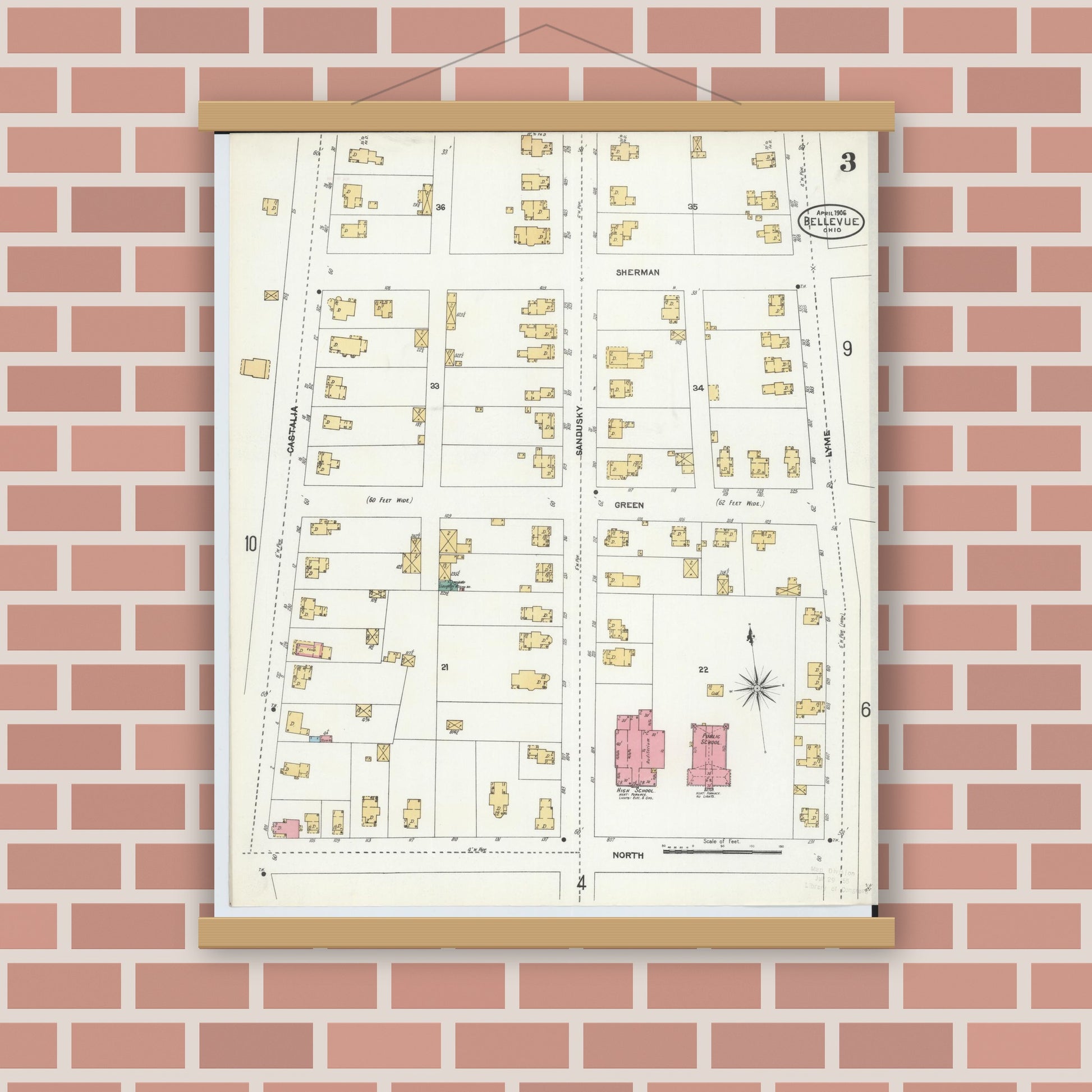 Old map wall art mockup — magnetic wood frame on brick wall — Sanborn Fire Insurance Map from Bellevue, Huron And Sandusky County, Ohio (1906), Sheet #0003