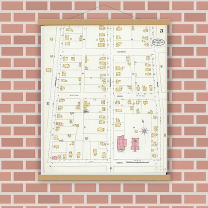 Old map wall art mockup — magnetic wood frame on brick wall — Sanborn Fire Insurance Map from Bellevue, Huron And Sandusky County, Ohio (1906), Sheet #0003