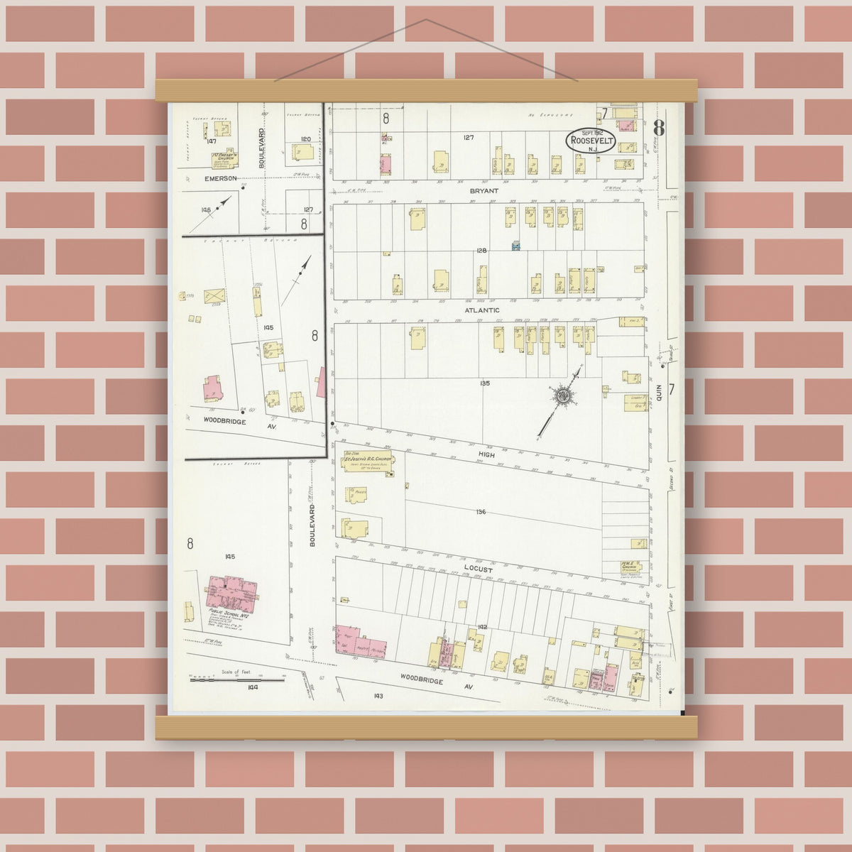 Old map wall art mockup — magnetic wood frame on brick wall — Sanborn Fire Insurance Map from Roosevelt, Middlesex County, New Jersey (1912), Sheet #0008