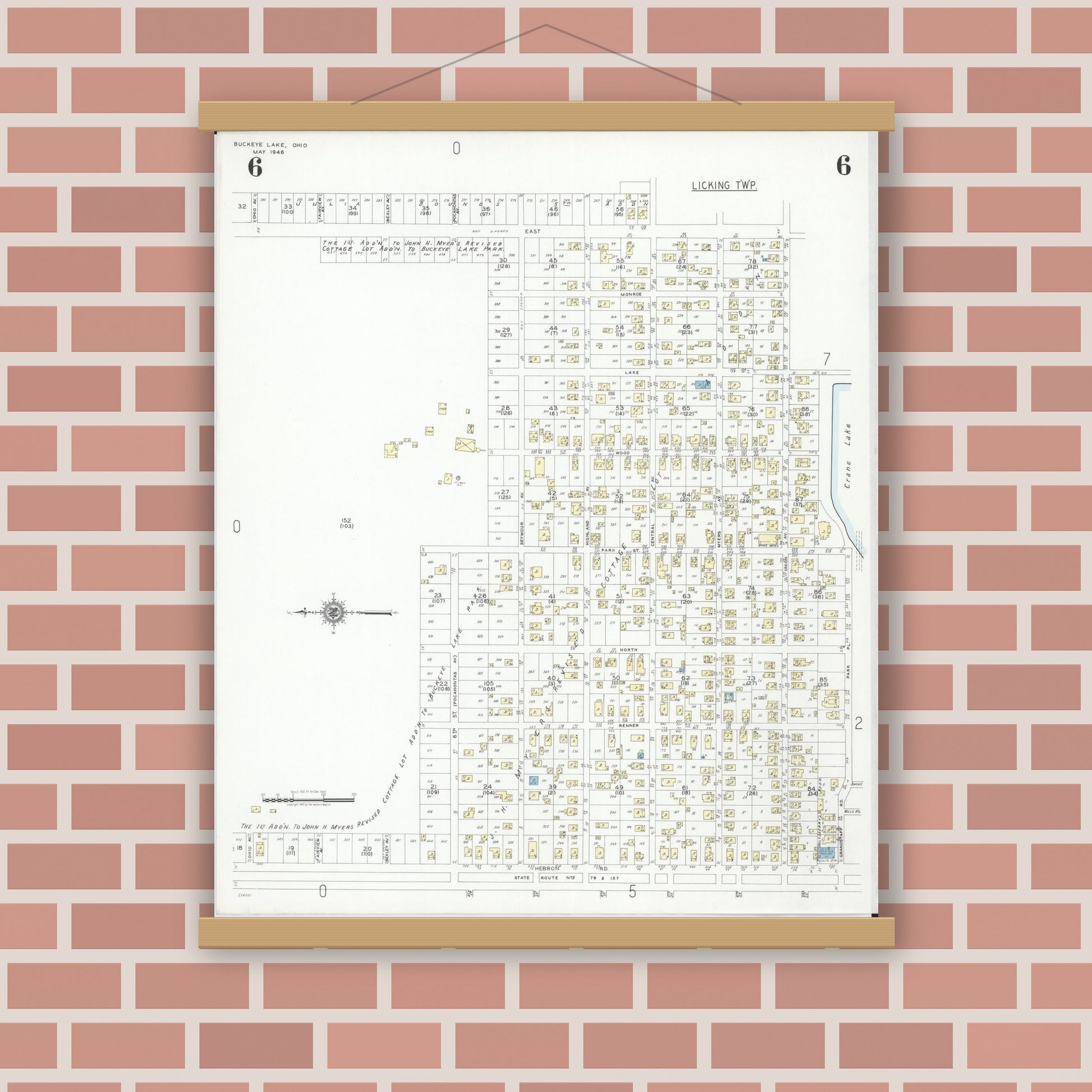 Old map wall art mockup — magnetic wood frame on brick wall — Sanborn Fire Insurance Map from Buckeye Lake, Licking County, Ohio (1946), Sheet #0006