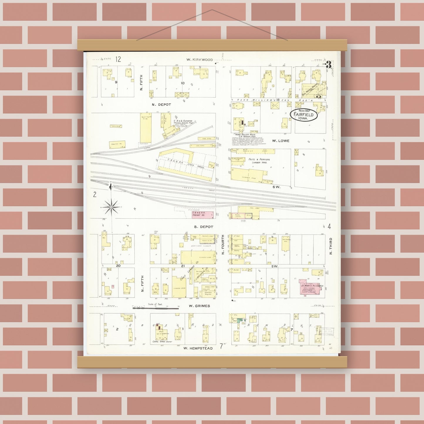 Old map wall art mockup — magnetic wood frame on brick wall — Sanborn Fire Insurance Map from Fairfield, Jefferson County, Iowa (1907), Sheet #0003