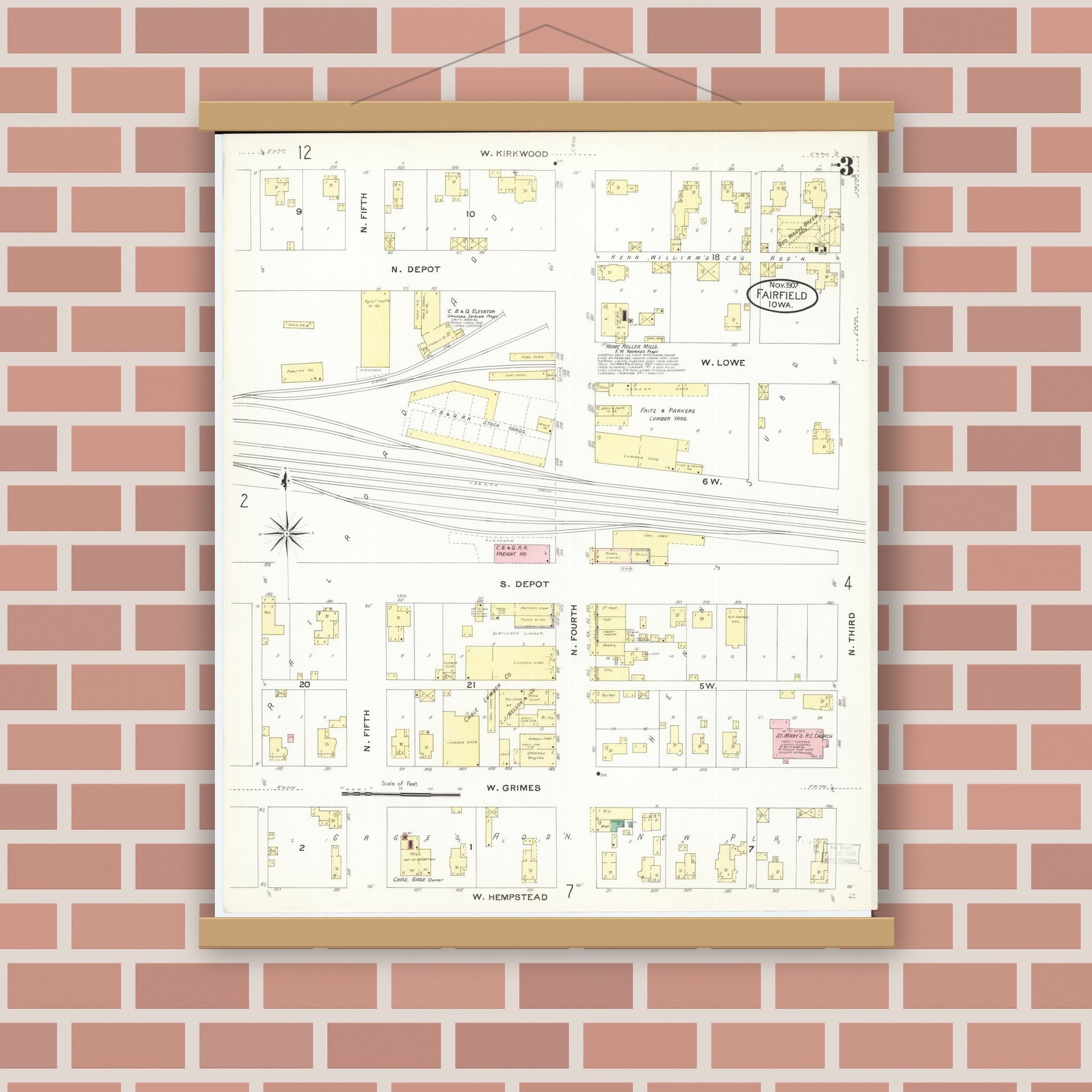 Old map wall art mockup — magnetic wood frame on brick wall — Sanborn Fire Insurance Map from Fairfield, Jefferson County, Iowa (1907), Sheet #0003