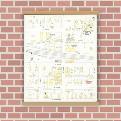 Old map wall art mockup — magnetic wood frame on brick wall — Sanborn Fire Insurance Map from Fairfield, Jefferson County, Iowa (1907), Sheet #0003