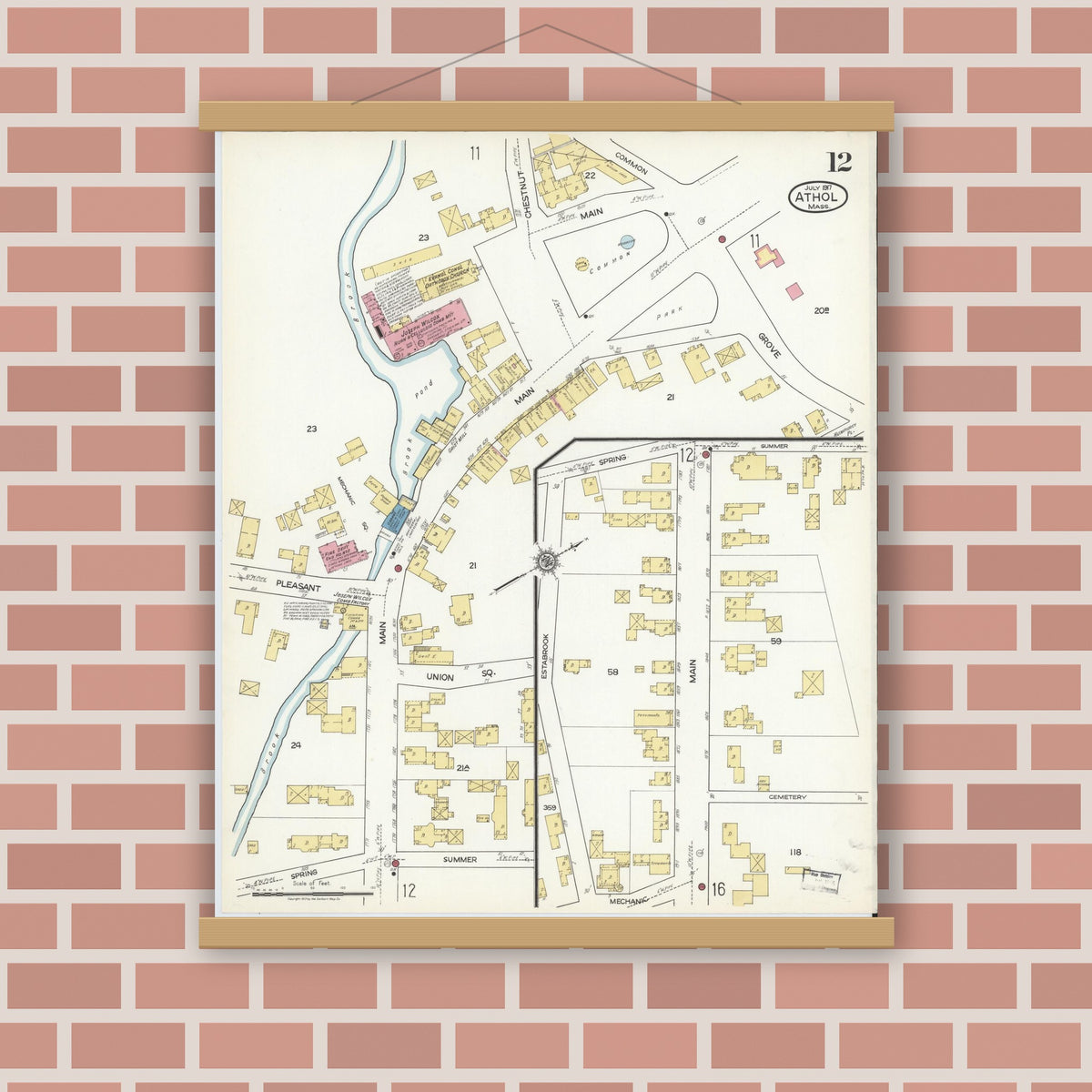 Old map wall art mockup — magnetic wood frame on brick wall — Sanborn Fire Insurance Map from Athol, Worcester County, Massachusetts (1917), Sheet #0012