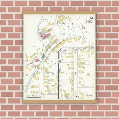 Old map wall art mockup — magnetic wood frame on brick wall — Sanborn Fire Insurance Map from Athol, Worcester County, Massachusetts (1917), Sheet #0012