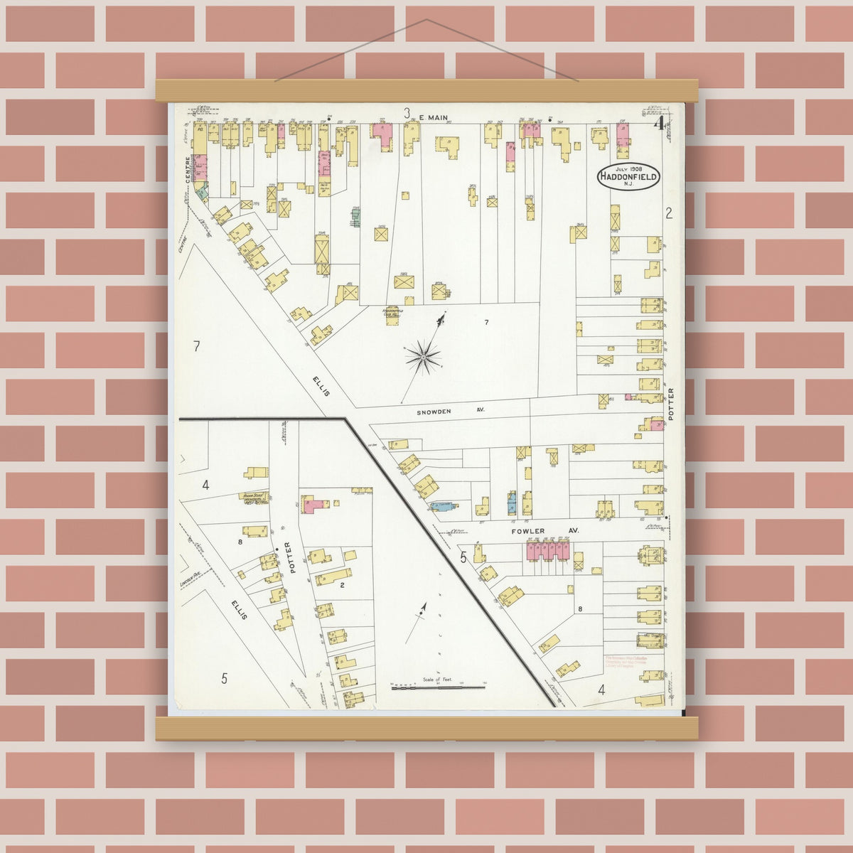 Old map wall art mockup — magnetic wood frame on brick wall — Sanborn Fire Insurance Map from Haddonfield, Camden County, New Jersey (1908), Sheet #0004