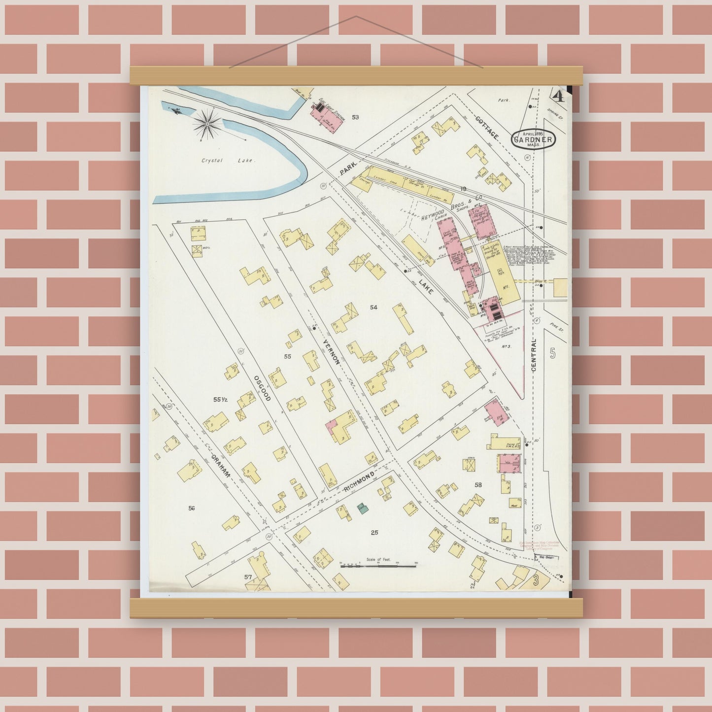 Old map wall art mockup — magnetic wood frame on brick wall — Sanborn Fire Insurance Map from Gardner, Worcester County, Massachusetts (1895), Sheet #0004