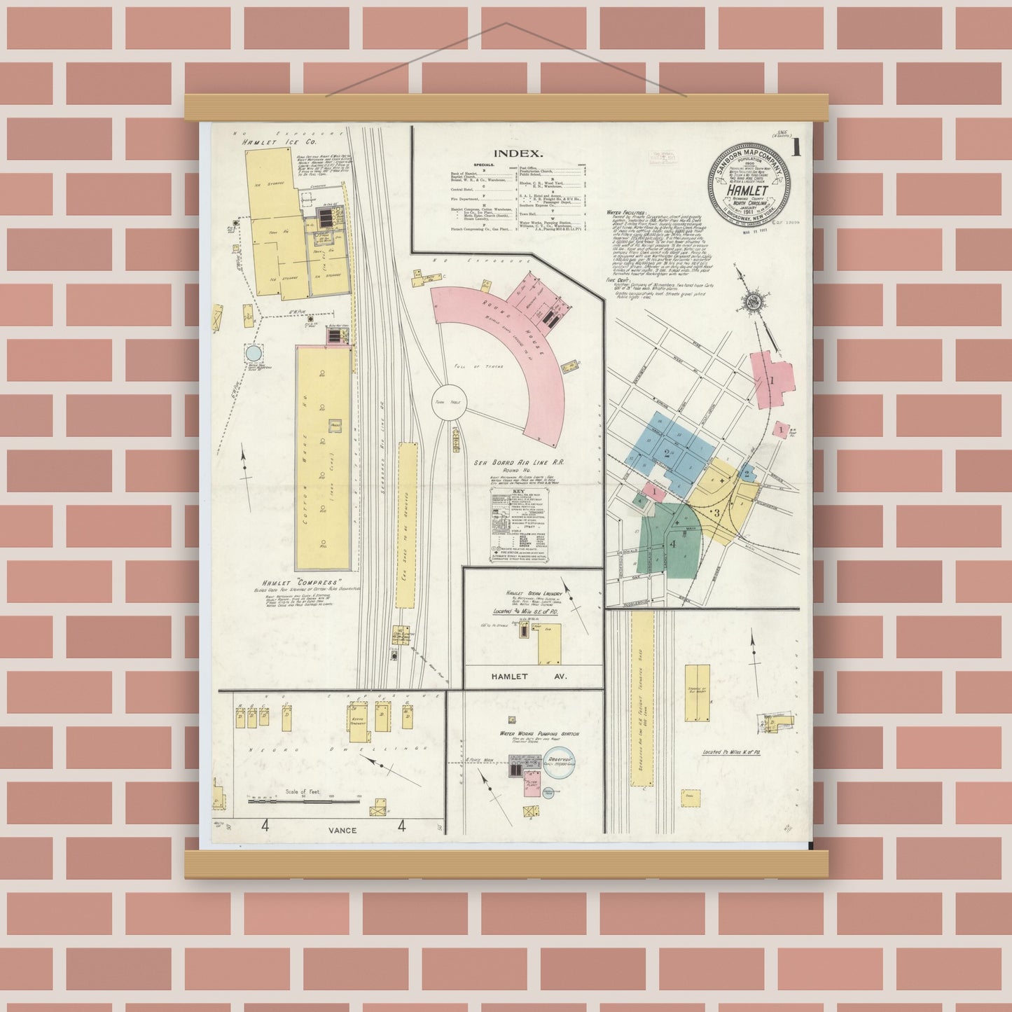 Old map wall art mockup — magnetic wood frame on brick wall — Sanborn Fire Insurance Map from Hamlet, Richmond County, North Carolina (1911) - Complete Map Set