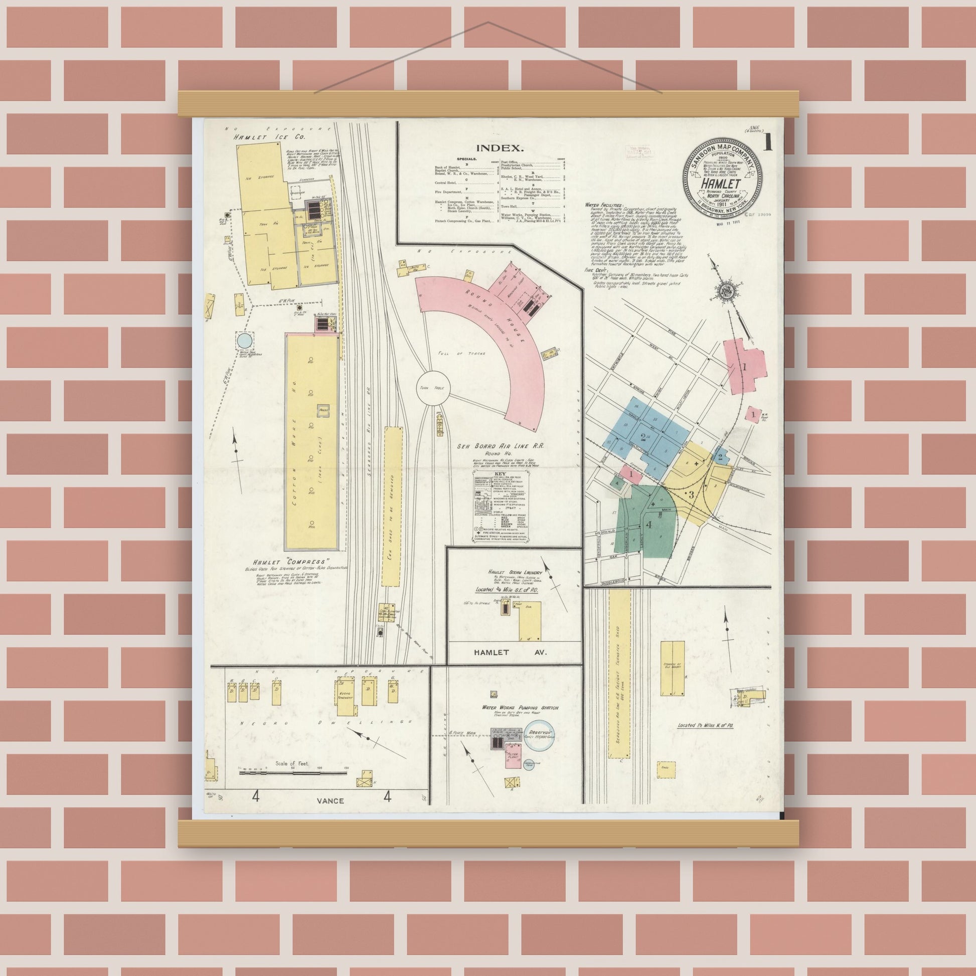 Old map wall art mockup — magnetic wood frame on brick wall — Sanborn Fire Insurance Map from Hamlet, Richmond County, North Carolina (1911) - Complete Map Set