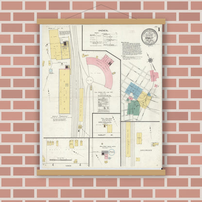 Old map wall art mockup — magnetic wood frame on brick wall — Sanborn Fire Insurance Map from Hamlet, Richmond County, North Carolina (1911) - Complete Map Set