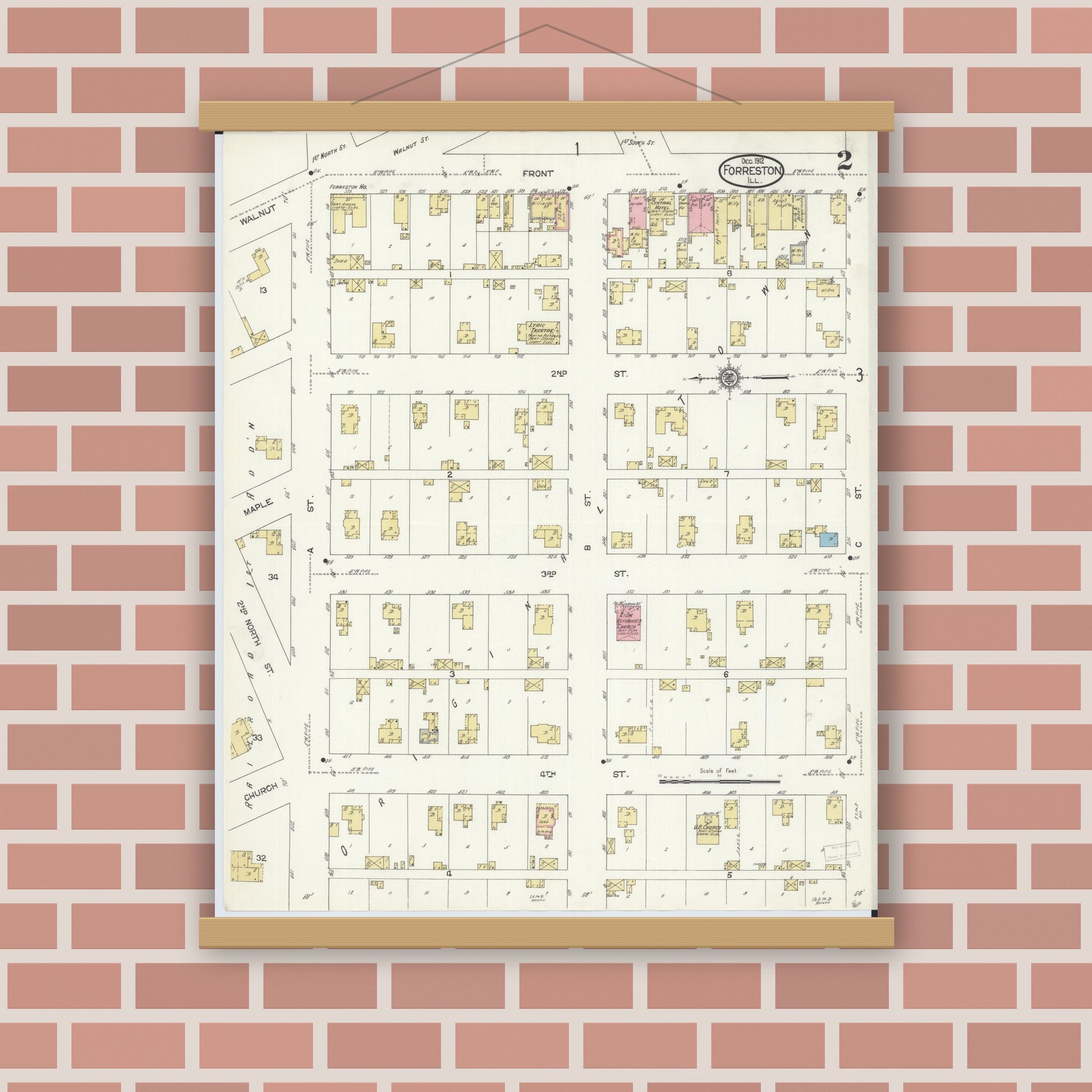Old map wall art mockup — magnetic wood frame on brick wall — Sanborn Fire Insurance Map from Forreston, Ogle County, Illinois (1912), Sheet #0002