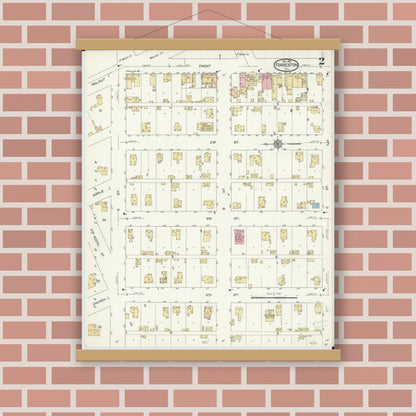 Old map wall art mockup — magnetic wood frame on brick wall — Sanborn Fire Insurance Map from Forreston, Ogle County, Illinois (1912), Sheet #0002