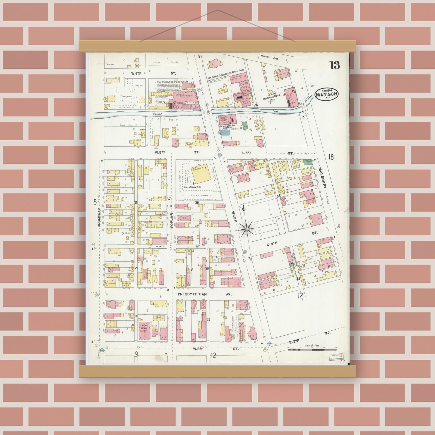 Old map wall art mockup — magnetic wood frame on brick wall — Sanborn Fire Insurance Map from Madison, Jefferson County, Indiana (1904), Sheet #0013