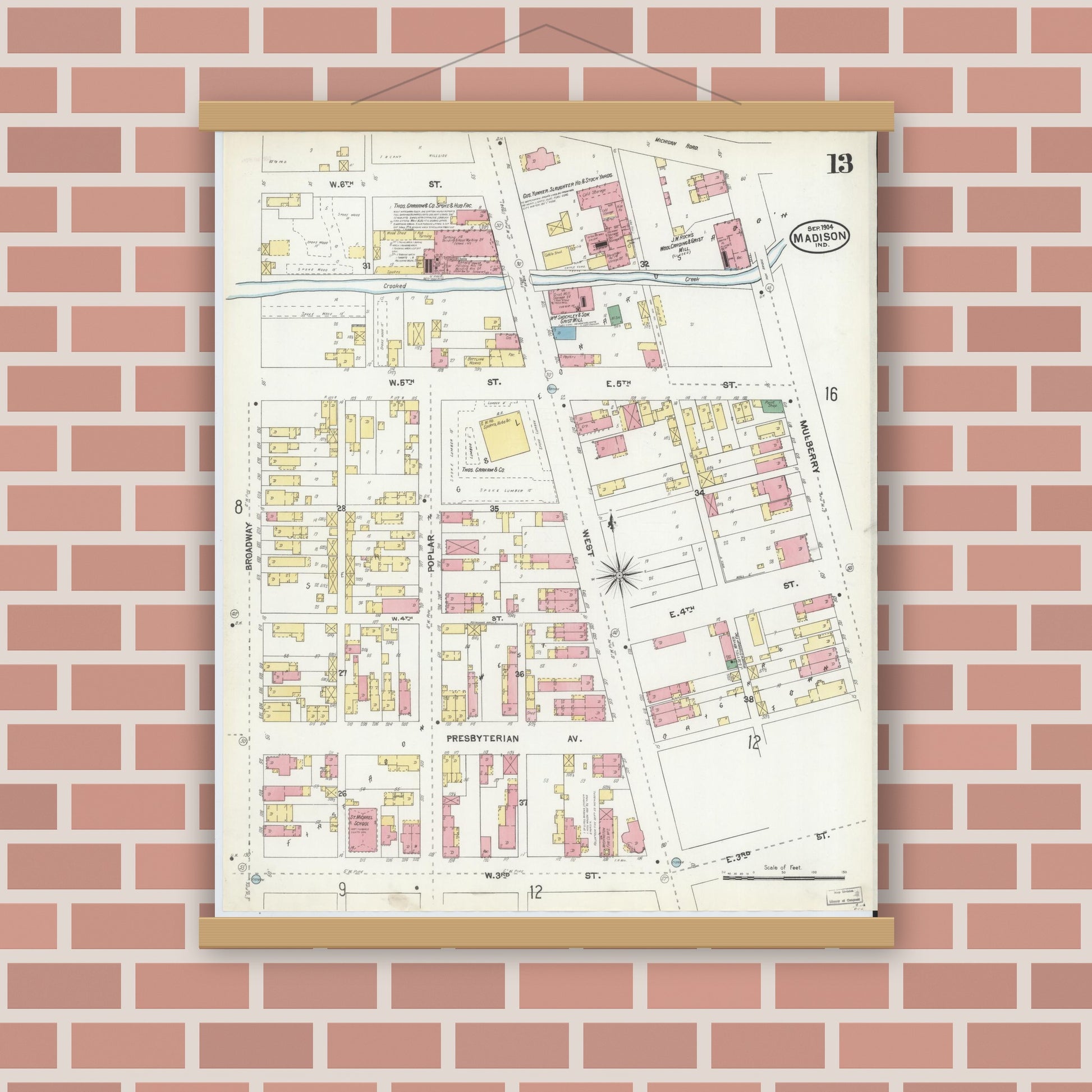 Old map wall art mockup — magnetic wood frame on brick wall — Sanborn Fire Insurance Map from Madison, Jefferson County, Indiana (1904), Sheet #0013